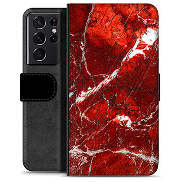 Samsung Galaxy S21 Ultra 5G Premium Flip Cover med Pung - Rød Marmor