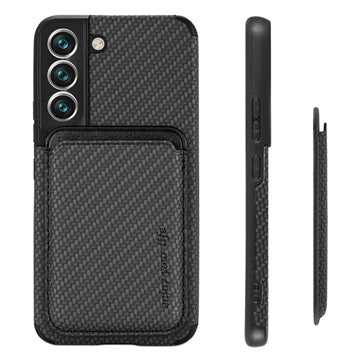 Samsung Galaxy S22 5G Magnetisk Cover med Kortholder - Karbonfiber - Sort