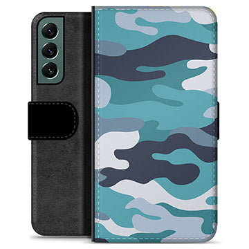 Samsung Galaxy S22+ 5G Premium Flip Cover med Pung - Blå Camouflage