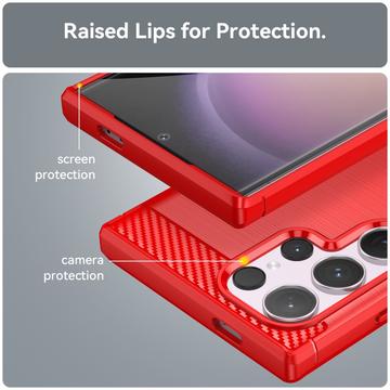 Samsung Galaxy S24 Ultra Børstet TPU Cover - Karbonfiber - Rød