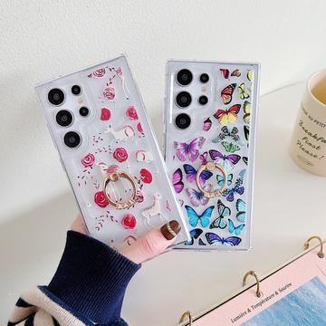Samsung Galaxy S24 Ultra Butterfly TPU Cover med ringholder - mørkeblå