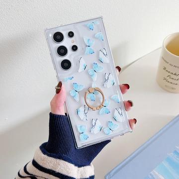 Samsung Galaxy S24 Ultra Butterfly TPU-etui med ringholder - lyseblå
