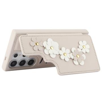Samsung Galaxy S24 Ultra Blomsterdekoration Cover med Rem - Beige