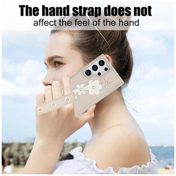 Samsung Galaxy S24 Ultra Blomsterdekoration Cover med Rem - Beige
