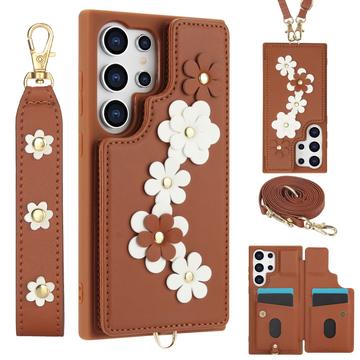 Samsung Galaxy S24 Ultra Blomsterdekoration Cover med Rem - Brun