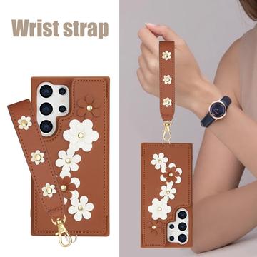 Samsung Galaxy S24 Ultra Blomsterdekoration Cover med Rem - Brun
