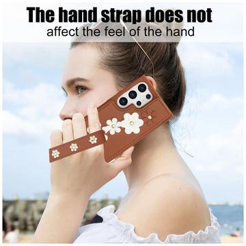 Samsung Galaxy S24 Ultra Blomsterdekoration Cover med Rem - Brun