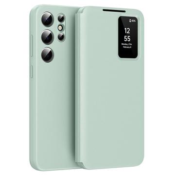 Samsung Galaxy S24 Ultra Smart Clear View Flip etui med kortplads - Lysegrøn