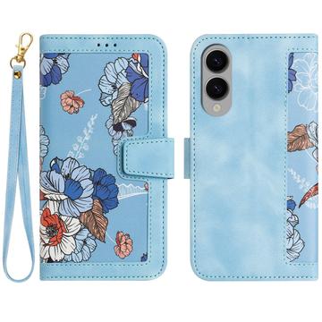Samsung Galaxy S25 Edge Blomstret pung etui med plads til kort - babyblå