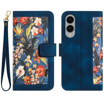 Samsung Galaxy S25 Edge Blomstret pung etui med plads til kort - mørkeblå