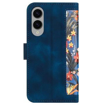 Samsung Galaxy S25 Edge Blomstret pung etui med plads til kort - mørkeblå