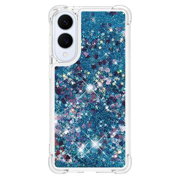 Samsung Galaxy S25 Edge Glitter Quicksand TPU Cover - Blå hjerter