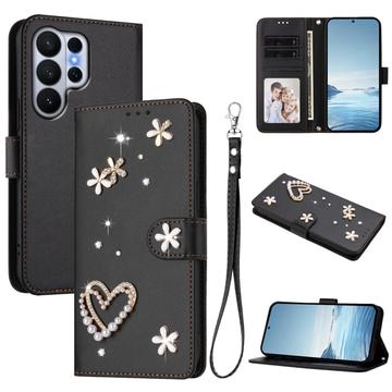 Samsung Galaxy S26 Ultra-pungetui med hjerter og blomster - sort