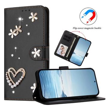 Samsung Galaxy S26 Ultra-pungetui med hjerter og blomster - sort