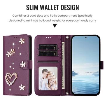Samsung Galaxy S26 Ultra-pungetui med hjerter og blomster - mørk lilla