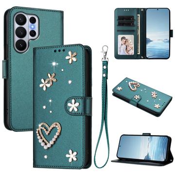 Samsung Galaxy S26 Ultra-pungetui med hjerter og blomster - grøn