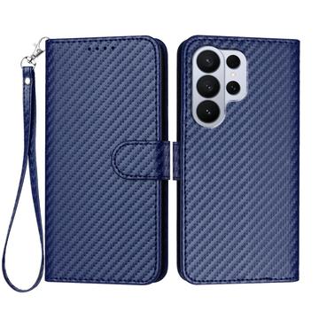 Samsung Galaxy S26 Ultra Premium Wallet-etui med rem - kulfiberstruktur - Kulstofblå