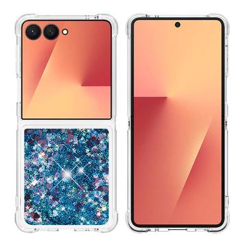 Samsung Galaxy Z Flip7 Glitter Quicksand TPU Cover - Blå hjerter