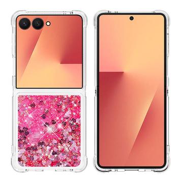 Samsung Galaxy Z Flip7 Glitter Quicksand TPU Cover - Lyserøde hjerter