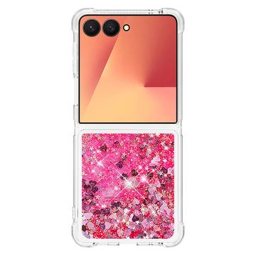 Samsung Galaxy Z Flip7 Glitter Quicksand TPU Cover - Lyserøde hjerter
