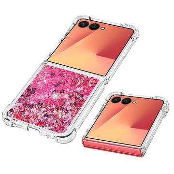 Samsung Galaxy Z Flip7 Glitter Quicksand TPU Cover - Lyserøde hjerter