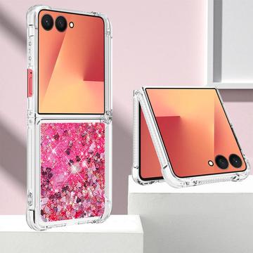 Samsung Galaxy Z Flip7 Glitter Quicksand TPU Cover - Lyserøde hjerter