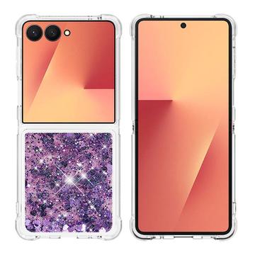 Samsung Galaxy Z Flip7 Glitter Quicksand TPU Cover - Lilla hjerter