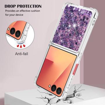 Samsung Galaxy Z Flip7 Glitter Quicksand TPU Cover - Lilla hjerter