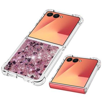 Samsung Galaxy Z Flip7 Glitter Quicksand TPU Cover - Rosaguld hjerter