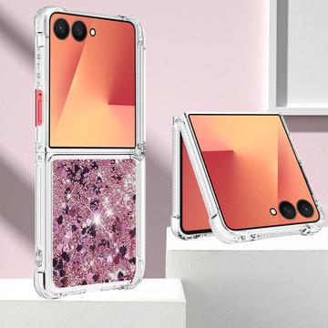 Samsung Galaxy Z Flip7 Glitter Quicksand TPU Cover - Rosaguld hjerter