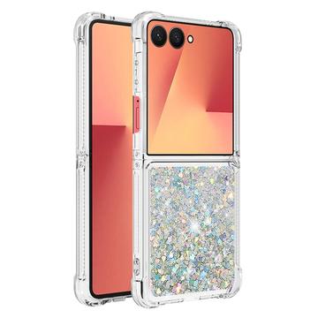 Samsung Galaxy Z Flip7 Glitter Quicksand TPU Cover - Sølvhjerter