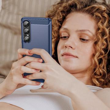 Sony Xperia 1 VII Børstet TPU Cover - Karbonfiber - blå