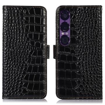 Sony Xperia 1 VII Crocodile Series Læderpung med RFID - Sort