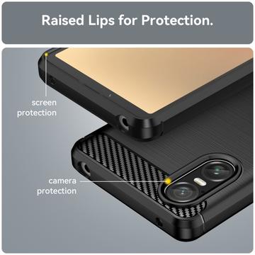Sony Xperia 10 VI Børstet TPU Cover - Karbonfiber - Sort