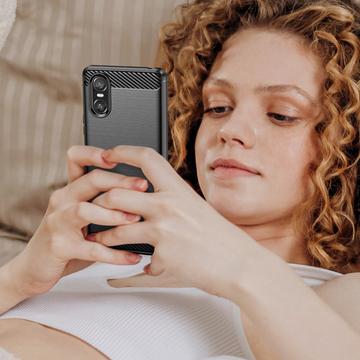 Sony Xperia 10 VI Børstet TPU Cover - Karbonfiber - Sort