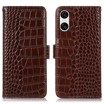 Sony Xperia 10 VI Crocodile Series Læderpung med RFID - Brun