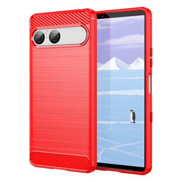 Sony Xperia 10 VII Børstet TPU Cover - Karbonfiber - rød