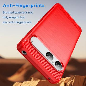Sony Xperia 10 VII Børstet TPU Cover - Karbonfiber - rød