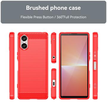 Sony Xperia 5 V Børstet TPU Cover - Karbonfiber - Rød