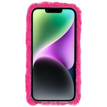 3D Plush Furry Vinter iPhone 14 Plus TPU Cover - Hot Pink Blomste