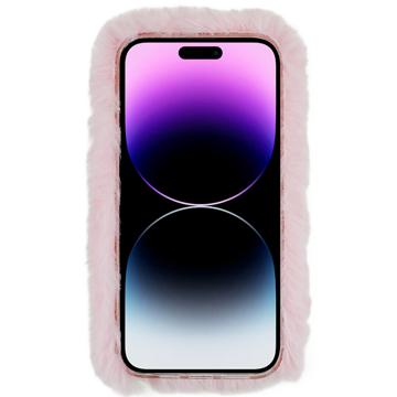 3D Plush Furry Vinter iPhone 14 Pro Max TPU Cover - Pink Blomst
