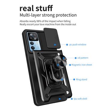 Xiaomi 12T/12T Pro Roterende Ring Hybrid Cover med Kameraskjold - Sort