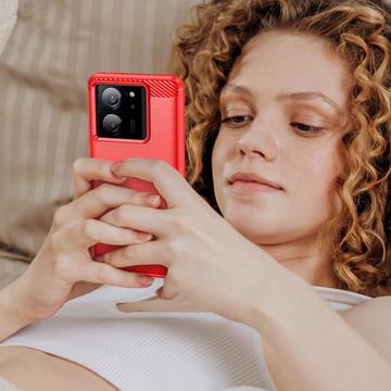 Xiaomi 13T/13T Pro Børstet TPU Cover - Karbonfiber - Rød