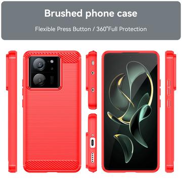Xiaomi 13T/13T Pro Børstet TPU Cover - Karbonfiber - Rød