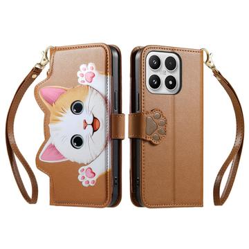 Xiaomi 17 sød katte-pung med kortholder, lynlåslomme og håndledsrem - brun