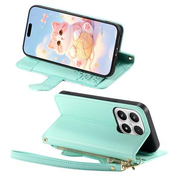 Xiaomi 17 sød katte-pung med kortholder, lynlåslomme og håndledsrem - grøn