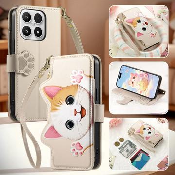 Xiaomi 17 sød katte-pung med kortholder, lynlåslomme og håndledsrem - khaki