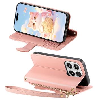 Xiaomi 17 sød katte-pung med kortholder, lynlåslomme og håndledsrem - lyserød