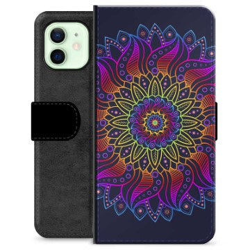 iPhone 12 Premium Flip Cover med Pung - Farverig Mandala