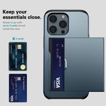 iPhone 14 Pro Hybrid Cover med Glidende Kortslot - Mørkeblå